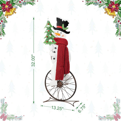 Glitzhome 32”H Metal Snowman Porch Décor Bike Wheel Cute Snowman with Red Scarf Hat Christmas Tree