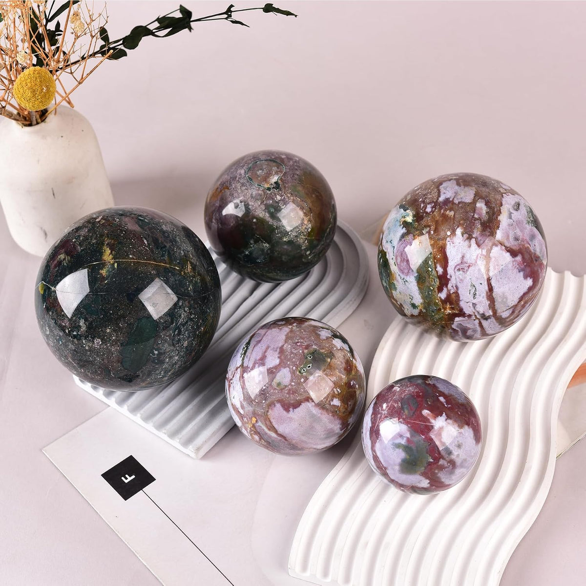 JIC Gem Natural Ocean Jasper Crystal Sphere Decorative Ball with Wooden Stand Meditation Balls for