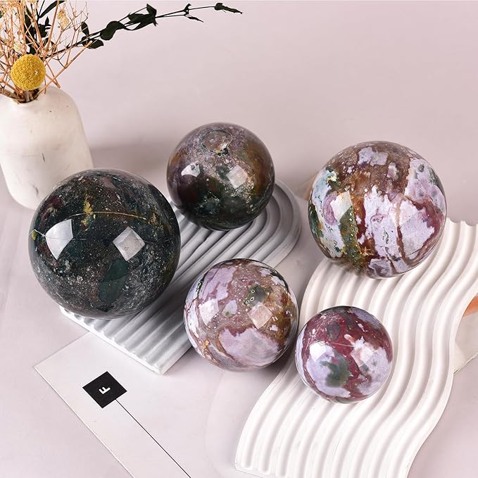 JIC Gem Large Ocean Jasper Crystal Sphere Ball with Wooden Stand Healing Decorative Ball Reiki