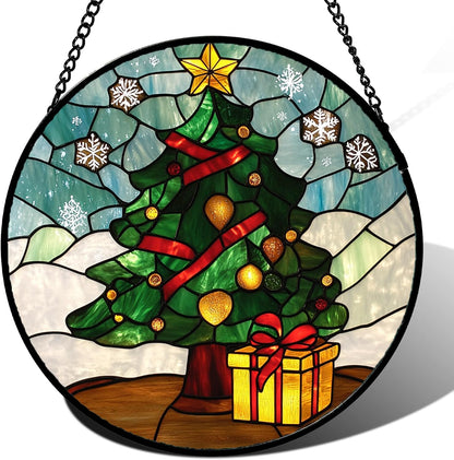 Stained Glass Window Hanging Green Christmas Tree Snowflake Large 11.8" - Suncatcher Door Garden