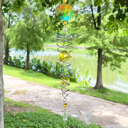 FONMY Tree of Life Gazing Ball Spiral Wind Spinner Sun Catcher Rainbow Maker Silver Spiral W/Golden