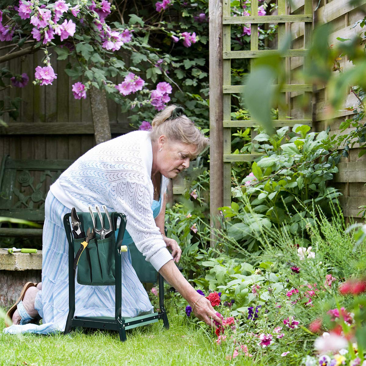 OFFICEJOY 2-in-1 Garden Kneeler & Seat, Folding Seat w/EVA Foam Kneeling Pad & Removable Tools