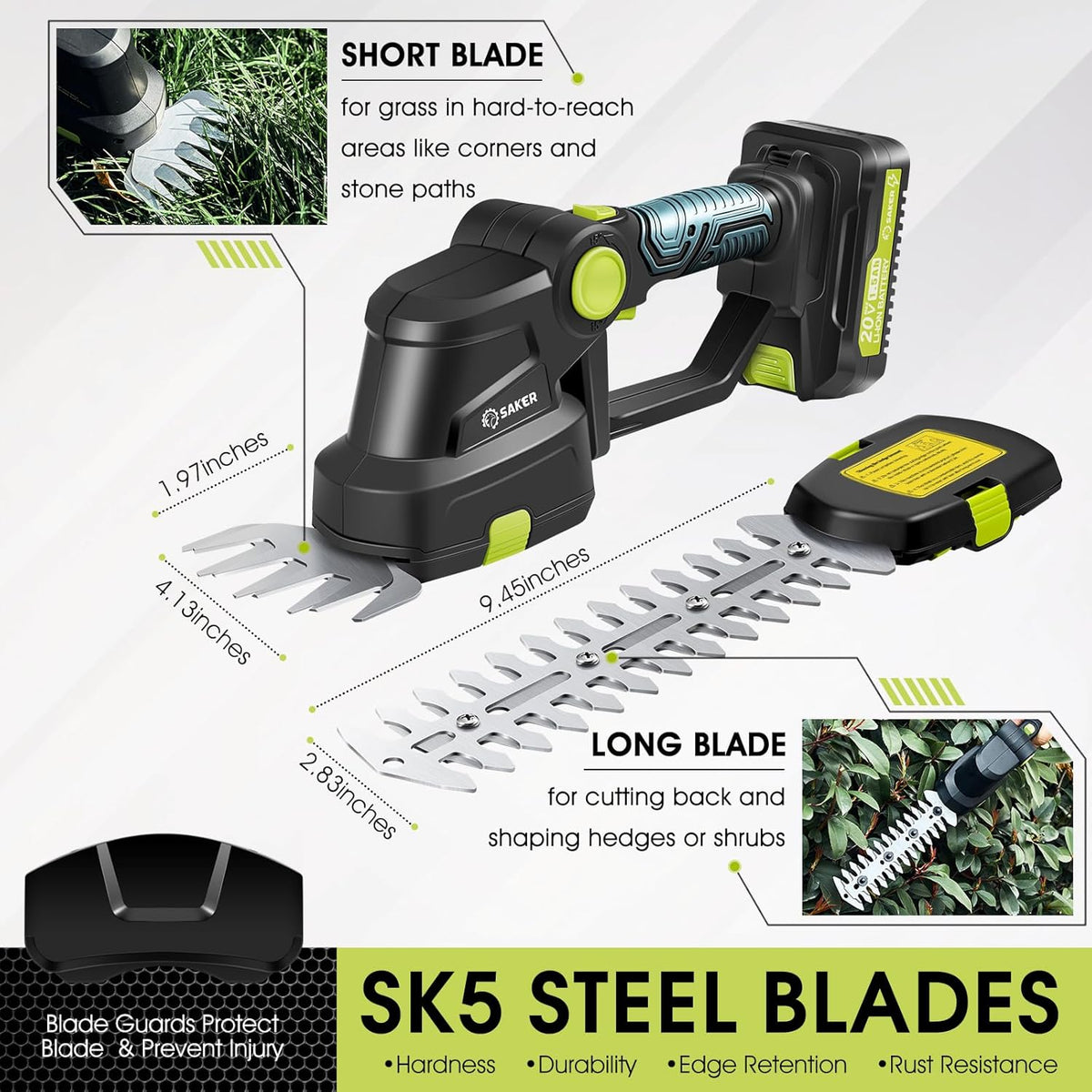 Saker Cordless Hedge Trimmer-20V Electric Shrub Trimmer Grass Shears Handheld Grass Cutter, Hedge