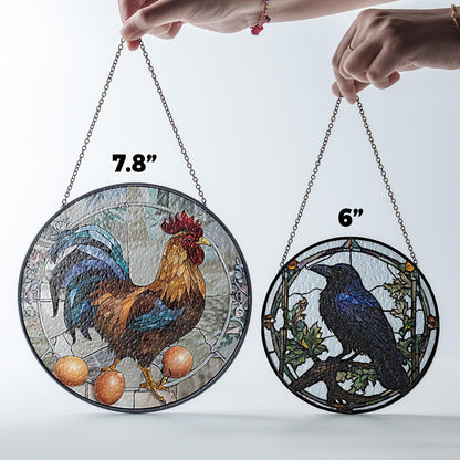 6" Rooster and Eggs Stained Glass Suncatcher Art Glass Cock Eggs Sun Catcher Indoor Window Gift for