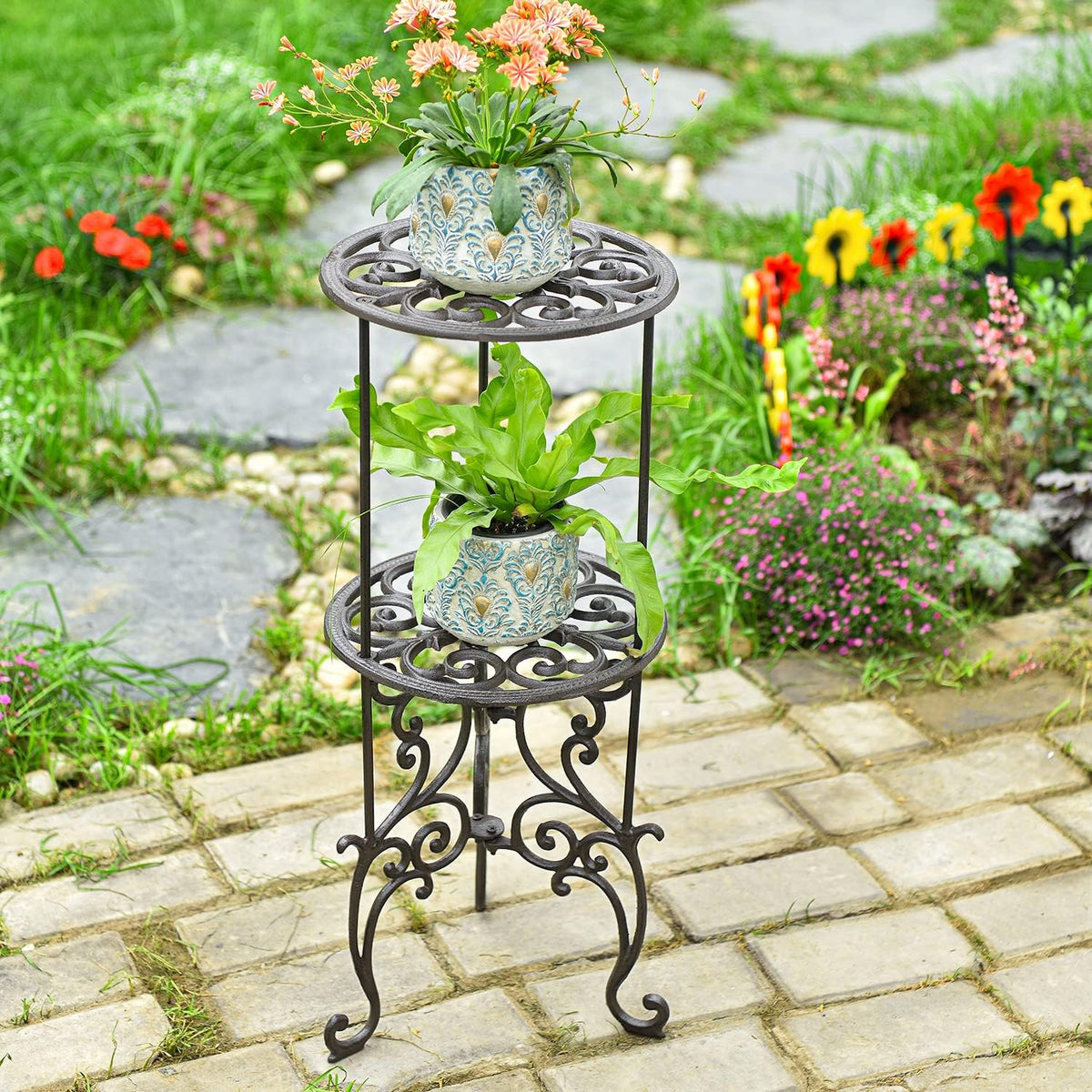 Sungmor Heavy Duty Cast Iron Potted Plant Stand,26-Inch 2 Tiers Metal Planter Rack,Decorative
