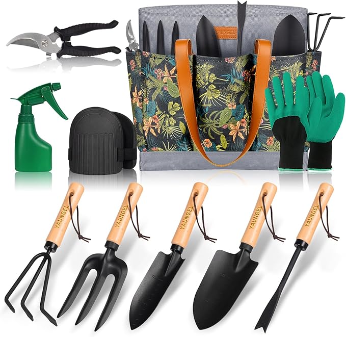 YAUNGEL Garden Tools - 10Pcs Garden Tool Set Heavy Duty Stainless Steel Gardening Supplies Hand