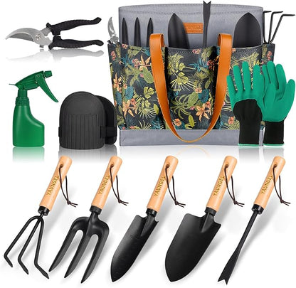 YAUNGEL Garden Tools - 10Pcs Garden Tool Set Heavy Duty Stainless Steel Gardening Supplies Hand