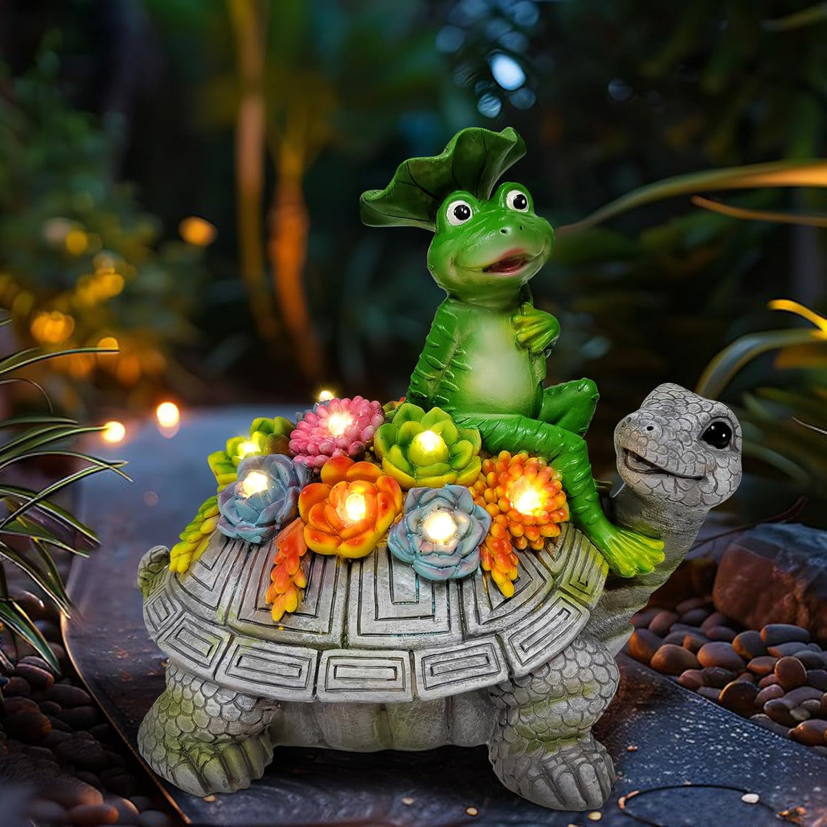 ILLUMINEW Solar Garden Outdoor Statues Turtle& Frog with Succulent and 8 LED Lights, Turtle