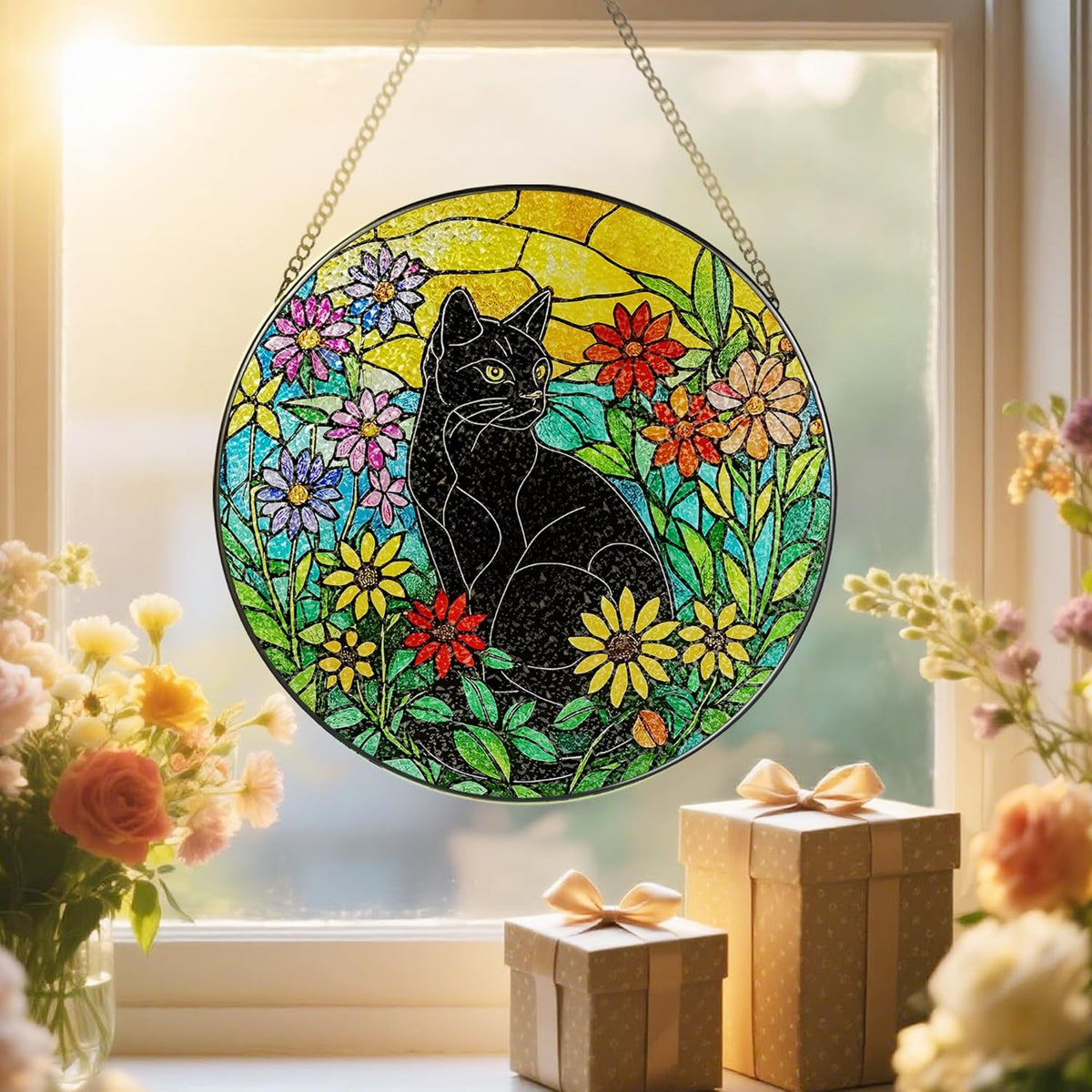 Black Cat Stained Glass Window Hanging, 8 Inch Sun Catchers Indoor Window, Suncatchers for Windows