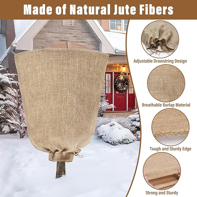 Riare 2 Packs 40 × 47 Inch Burlap Winter Plant Cover Bags with Drawstring- Reusable Large Burlap