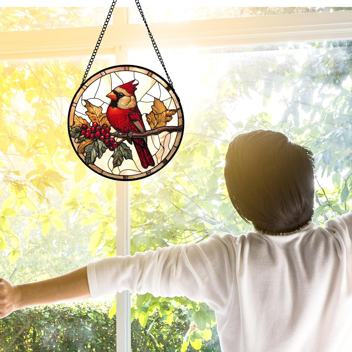 Stained Glass Window Hanging, Birds on a Branch Cardinal Sun Catchers Diamond Glass Panel Hangings