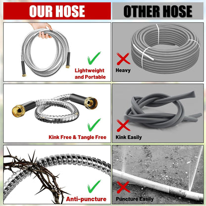 Garden Hose 50 ft, Stainless Steel Metal Water Hose 50 Feet with Nozzle, Flexible, Rust Proof