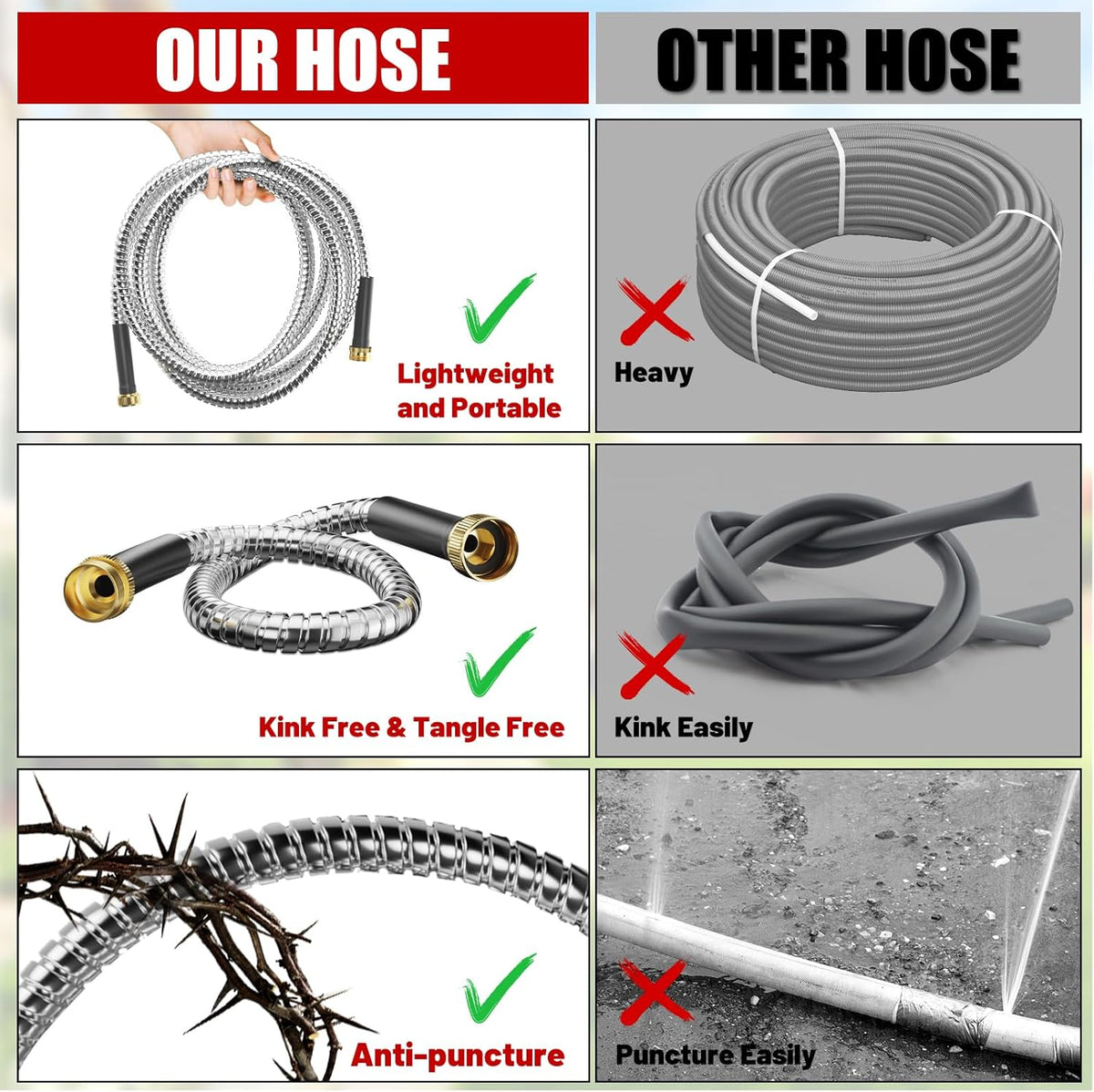 100 ft Garden Hose, Stainless Steel Metal Water Hose 100 Feet with Nozzle, Flexible, Rust Proof