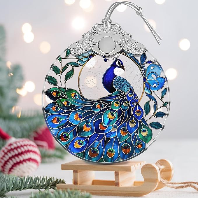 Stained Glass Suncatcher Ornament - Peacock Christmas Decorations - Christmas Ornaments for Tree