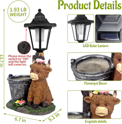 Solar Highland Cow Outdoor Statues, Garden Sculptures with Flowerpot Decor & Solar Lantern for Yard