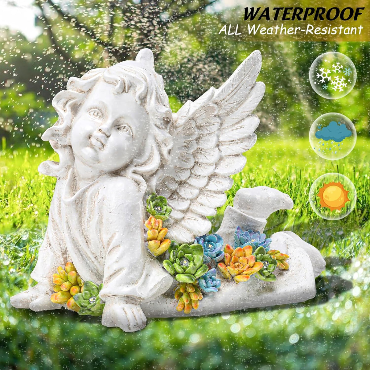 Solar Cherub Angel Outdoor Garden Decor Statues - 7 inches Baby Angel Figurines Outdoor Sculptures