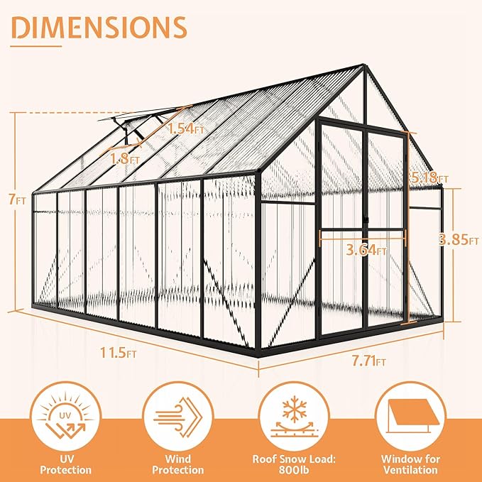 Jocisland 8x11.5x7 FT Polycarbonate Greenhouses for Outdoors, 2 Top-Opening Windows, 2 Swing Doors