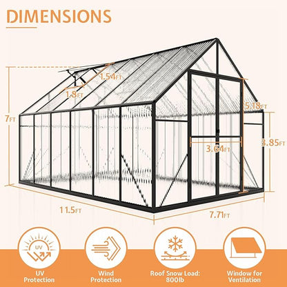 Jocisland 8x11.5x7 FT Polycarbonate Greenhouses for Outdoors, 2 Top-Opening Windows, 2 Swing Doors