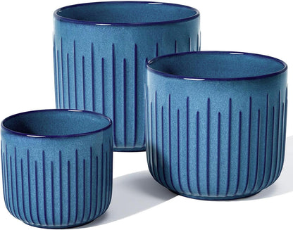 LE TAUCI Fluted Ceramic Planters Set of 3 – 8.3/7 / 5.7 in Ocean Blue Reactive Cylinder Indoor