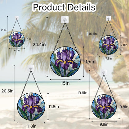 Stained Glass Window Hanging - Iris Birth Flower Suncatcher for Doors Garden Yard Purple Blue Sun