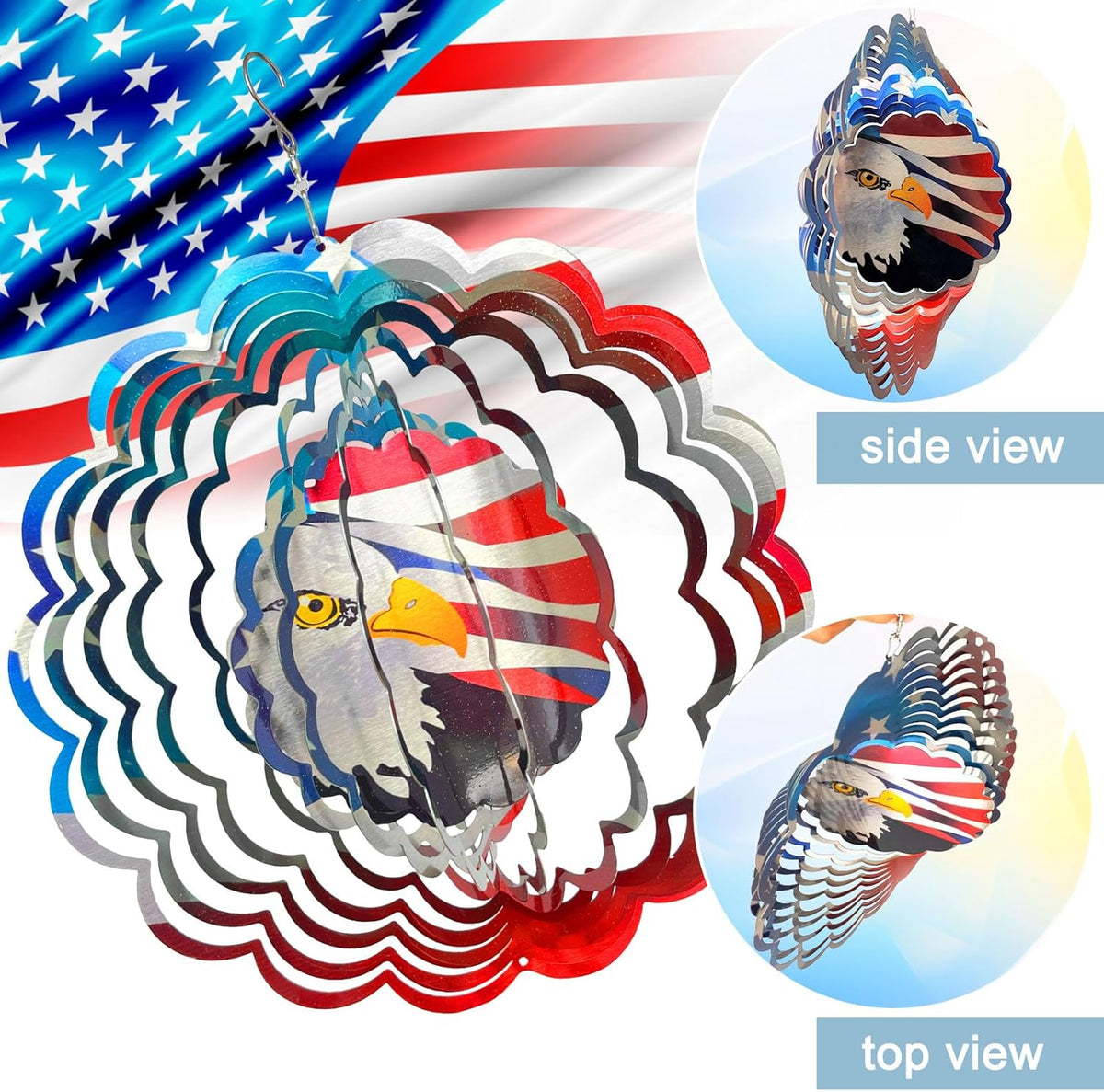 American Flag Wind Spinner - Patriotic Eagle Design | 12In 3D Holographic Hanging Wind Sculptures &