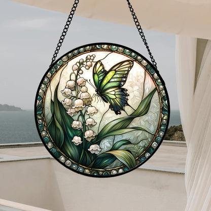 Stained Glass Window Hanging, Lily of The Valley Flower Butterfly Suncatcher for Doors Home Sun