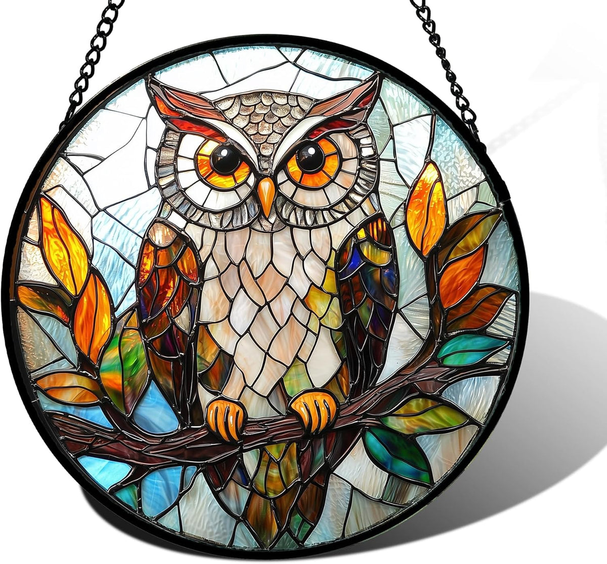 Stained Glass Window Hanging, Owl Colorful Leaves Birds Sun Catchers Diamond Glass Panel Hangings