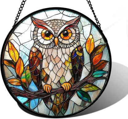 Stained Glass Window Hanging, Owl Colorful Leaves Birds Sun Catchers Diamond Glass Panel Hangings