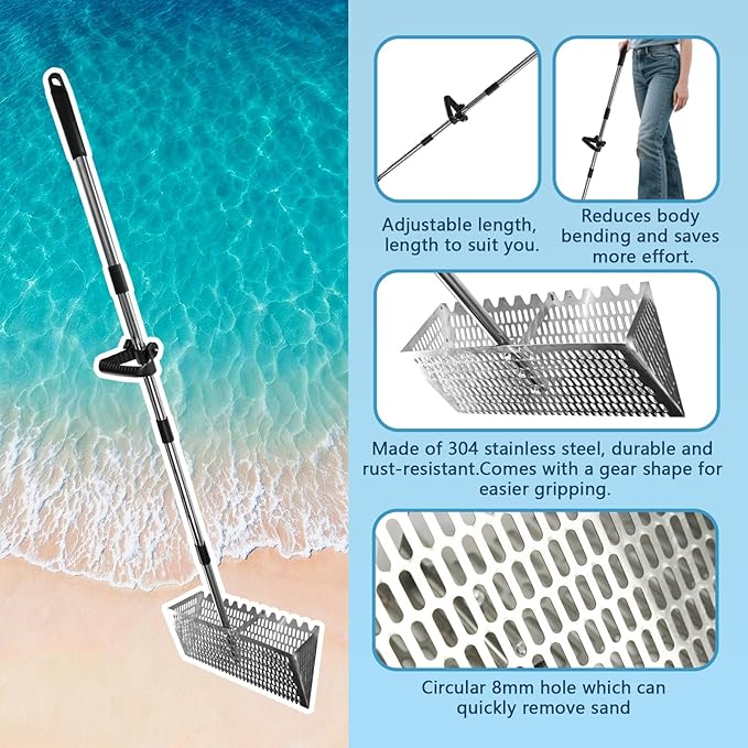 Sand Flea Rake Set, Sand Sifter for The Beach, Stainless Steel Shark Tooth Sifter, with 16" Width