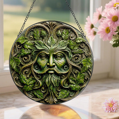 Green Man Stained Glass Suncatcher, Stained Glass Window Hanging, 8 Inch Window Decor Hanging, Gift