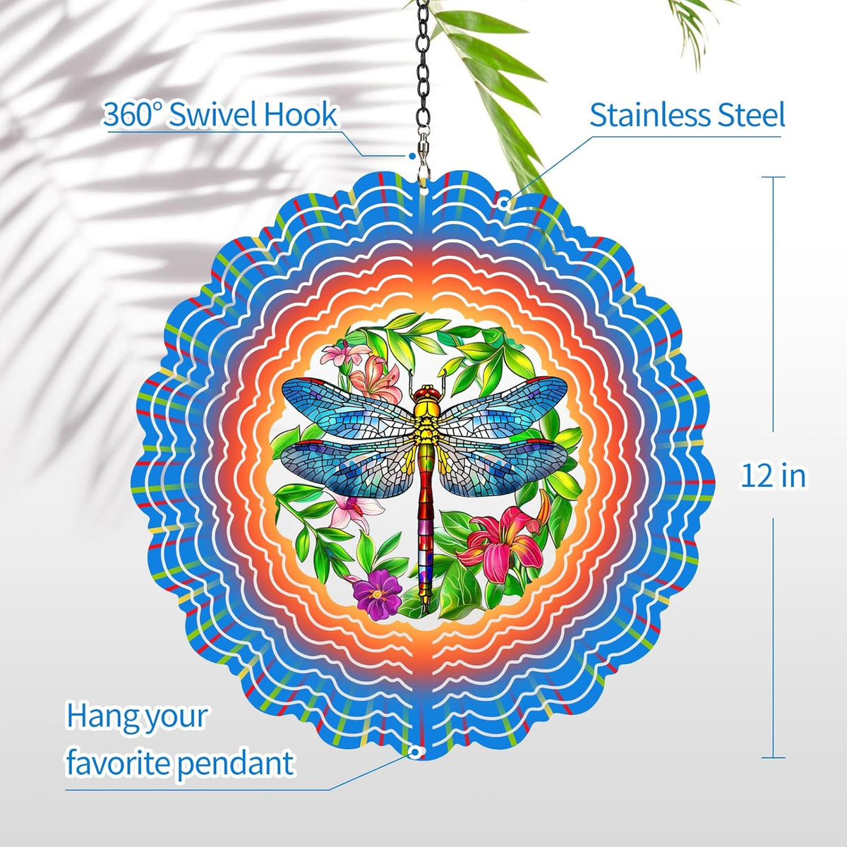 Dragonfly Wind Spinners Garden Decor as Birthday Gifts for Women Mom,12 inch 3D Stainless Steel