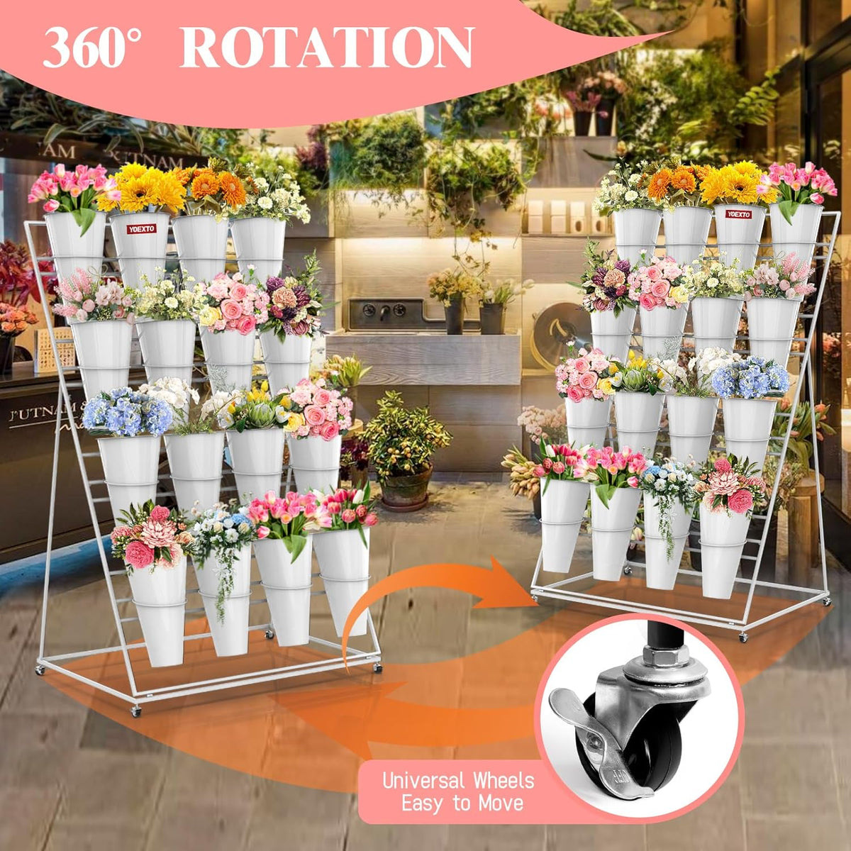 Flower Display Stand with Buckets, 4 Layers 16 PCS Buckets Plant Stand with Wheels, Movable Metal