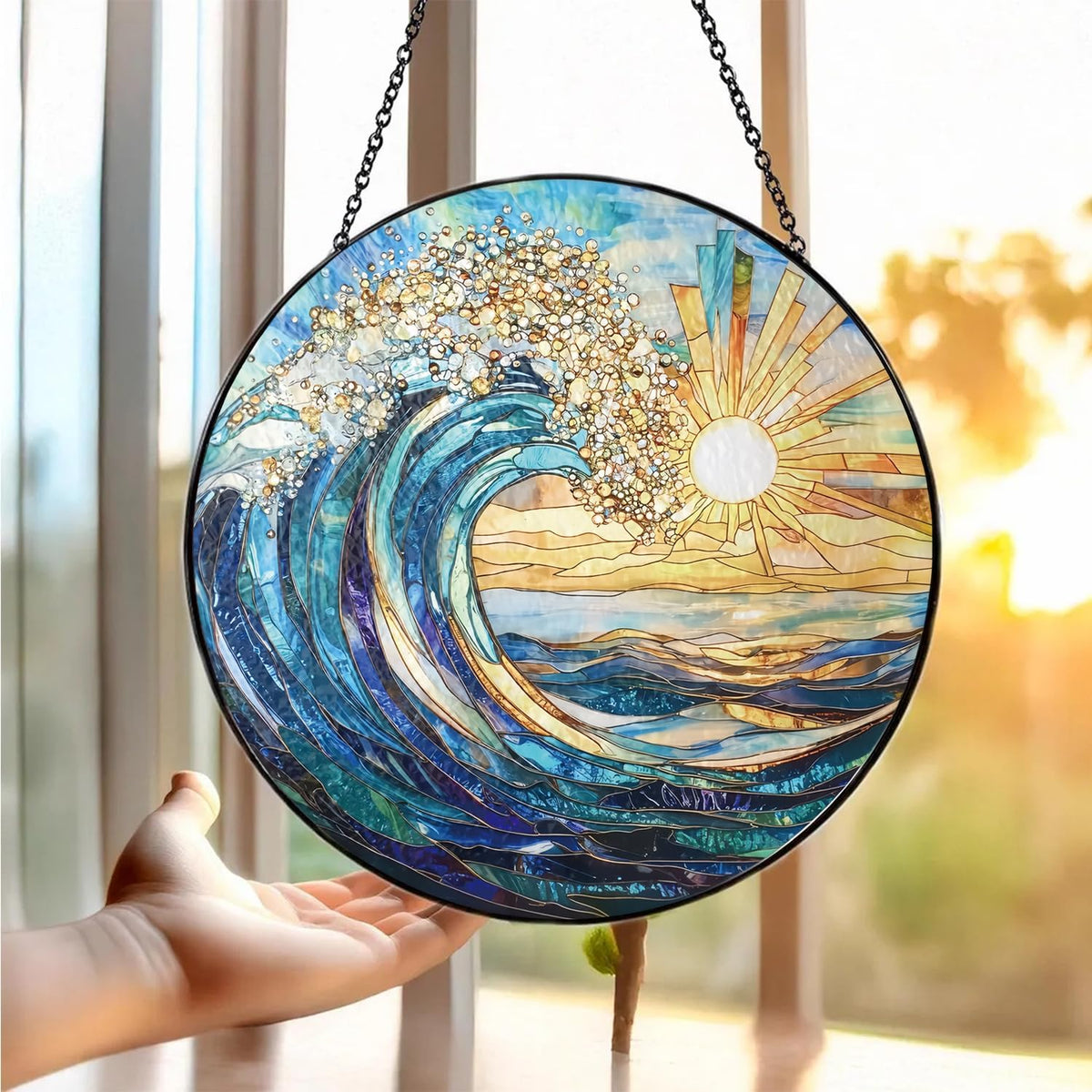 The Ocean Waves and The Sunrise Suncatcher -7.9 in Stained Glass Window Hanging Sun Catcher Garden