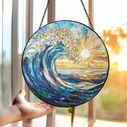 The Ocean Waves and The Sunrise Suncatcher -7.9 in Stained Glass Window Hanging Sun Catcher Garden