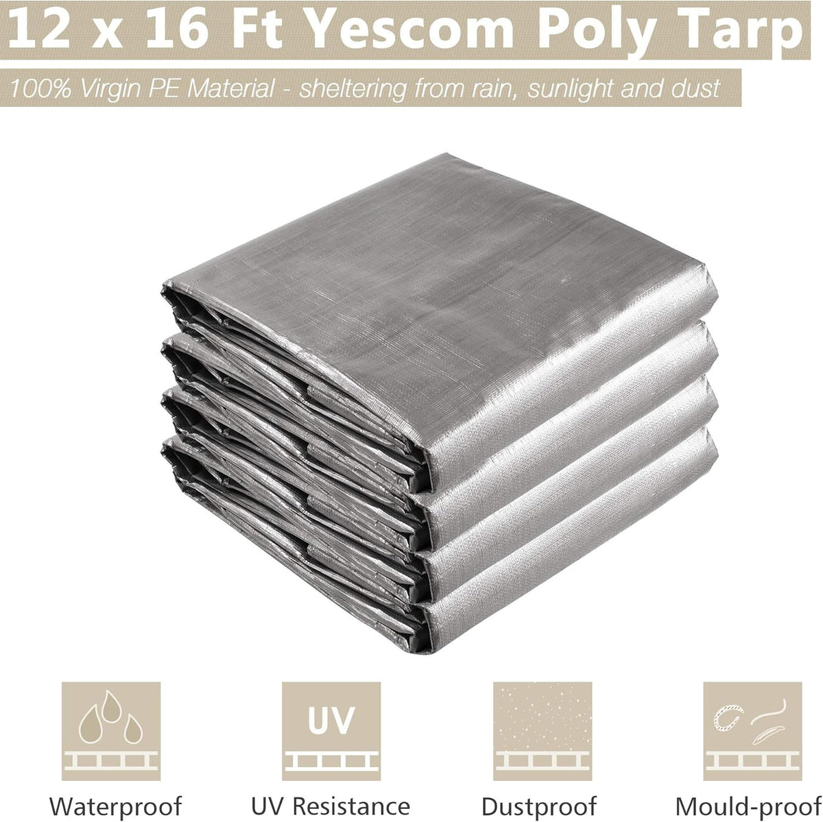 Yescom 12x16Ft 14 Mil Heavy Duty Reinforced Poly Tarp Reversible Waterproof Tarpaulin Ground Sheet