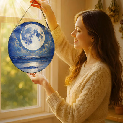 8'' Full Moon Over Ocean Sun Catcher Ornament, Stained Glass Window Hanging, Suncatchers for