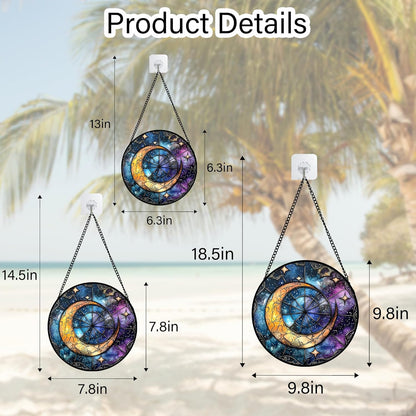 Stained Glass Window Hanging, Blue Starry Sky Moon Astrolabe Suncatcher for Doors Home Sun Catchers