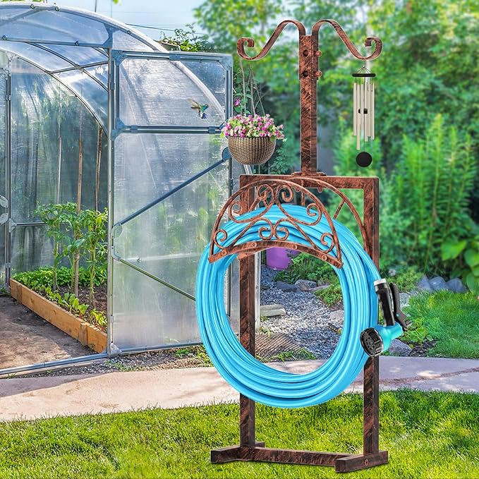 Garden Hose Holder Hanger Freestanding, Upgraded 4 Spikes Heavy Duty Storage Reel Stand with