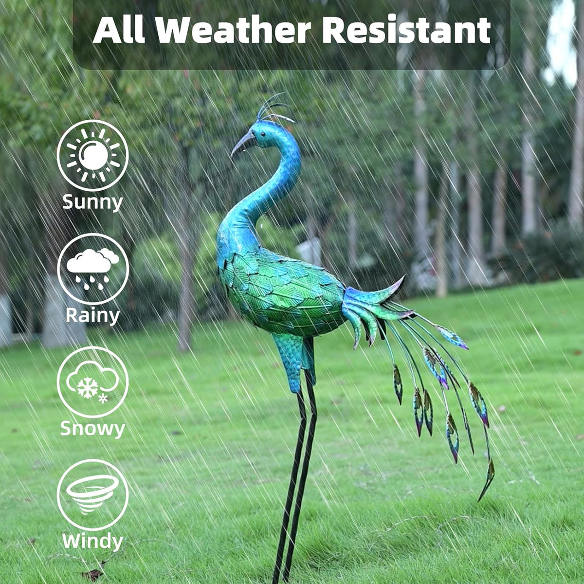 Metal Peacock Statue Yard Decor - Large Iron Peacock 34", Standing Bird Garden Sculptures, Metal