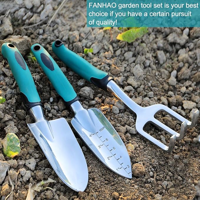 FANHAO Garden Tools Set, 3 Piece Heavy Duty Gardening Tools Cast Aluminum with Soft Rubberized