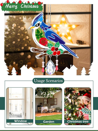 KY&BOSAM Blue Bird Suncatcher Gifts for Mom Hand Painted Stained Glass for Windows Hanging Wind