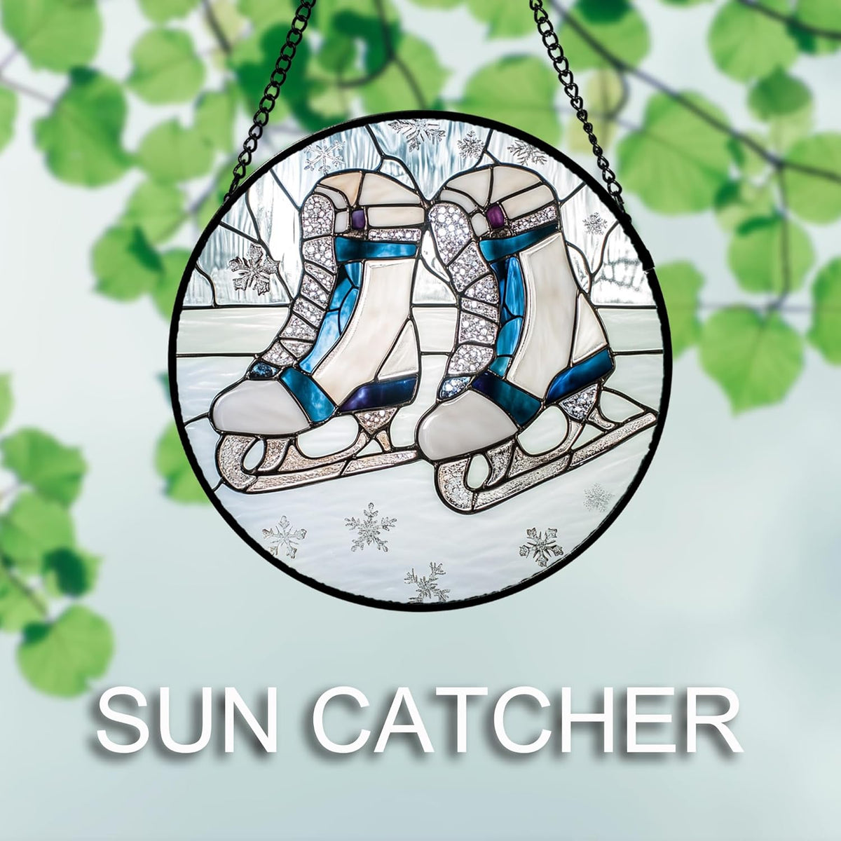 Stained Glass Window Hanging 4 Pcs Set White Winter Christmas Snow Scene Large 15" - Suncatcher