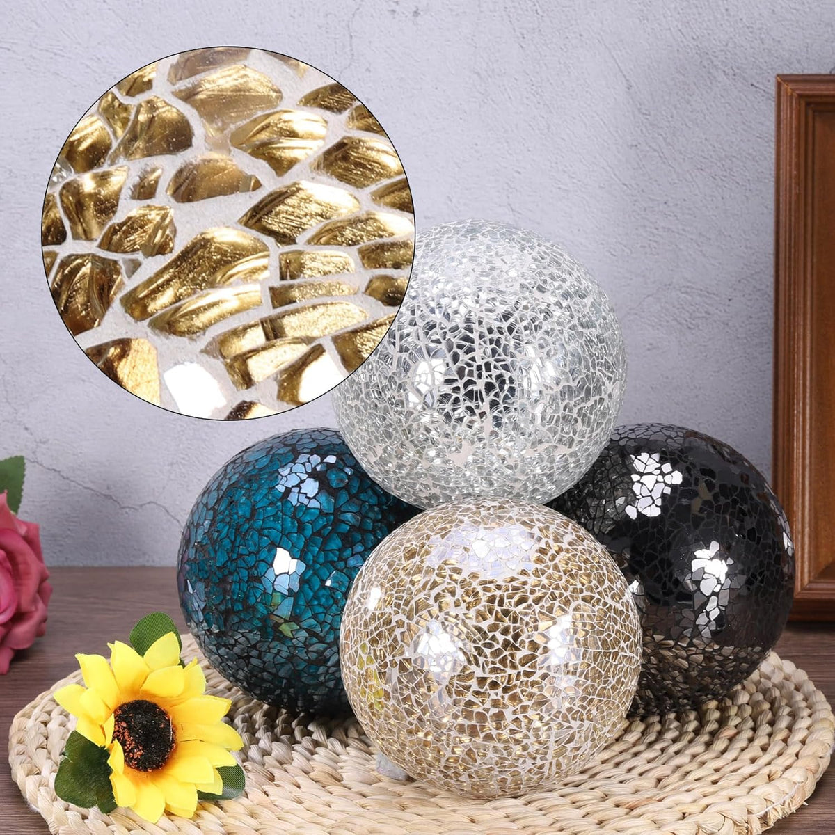 uxcell 4" Decorative Balls, 3 Pcs Mosaic Glass Balls, Decorative Table Sphere Orbs, Centerpiece