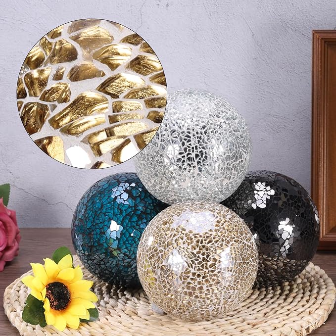 uxcell 4" Decorative Balls, 3 Pcs Mosaic Glass Balls, Decorative Table Sphere Orbs, Centerpiece