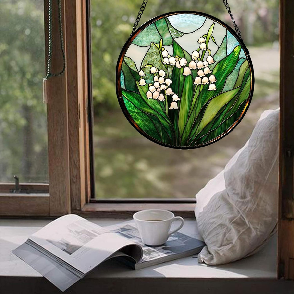 Stained Glass Window Hanging - White Green Lily of The Valley Suncatcher for Doors Garden Terrace