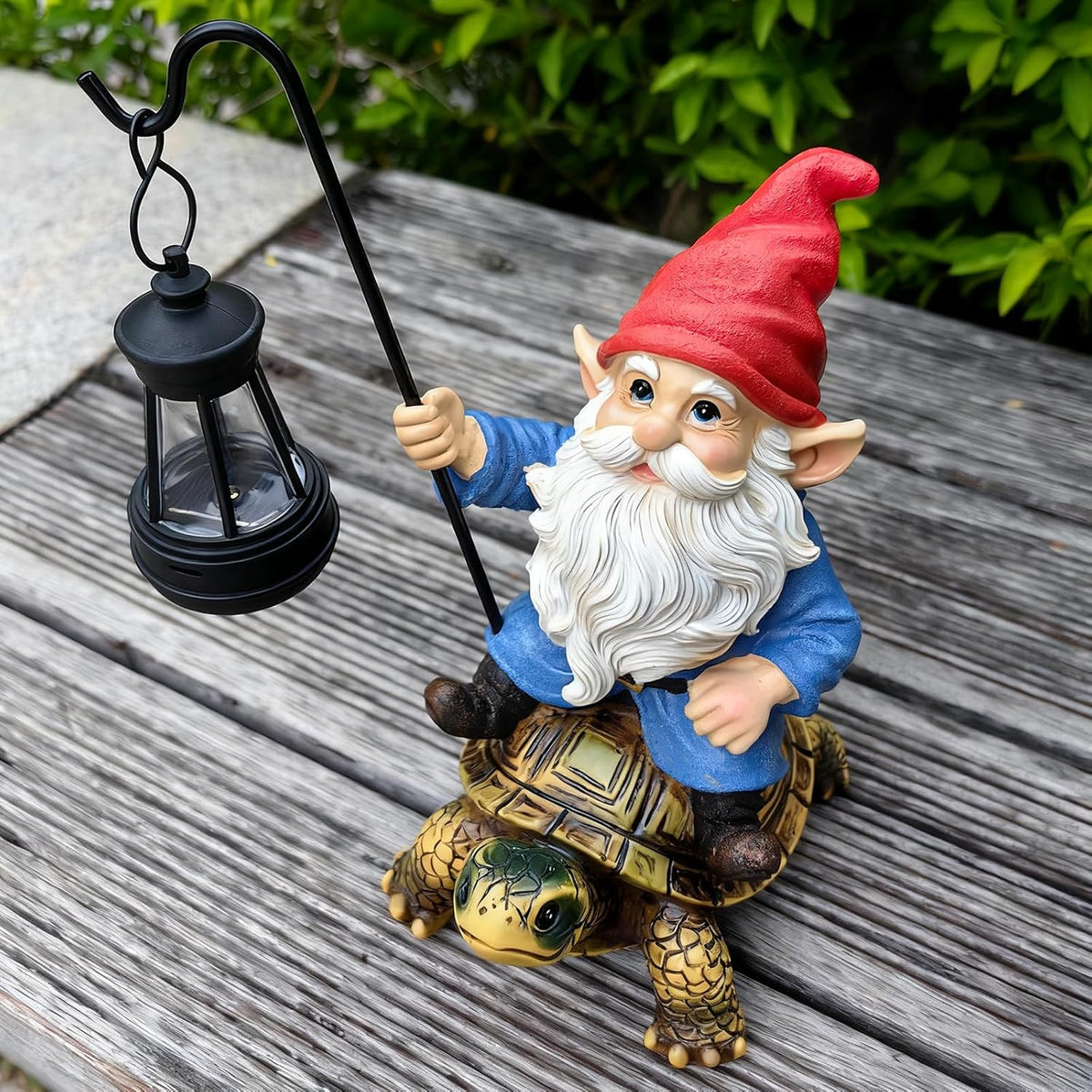 Garden Gnome Statue Riding Turtle - Garden Gnomes Decorations with Solar LED Lights, 7.9" Outdoor