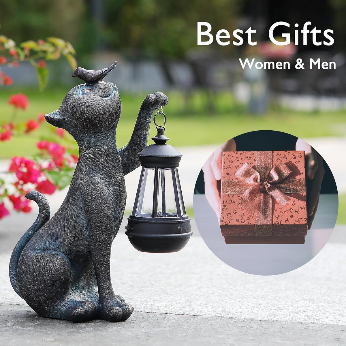 Outdoor Cat Statues Solar Garden Decor : Cat Figurine with Bird Decor,Unique Garden Art for Porch