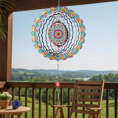 12 Inch Mandala Wind Spinners with Gazing Ball Spiral Tail, Outdoor 3D Stainless Steel Hanging