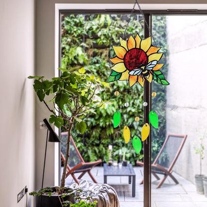 Stained Glass Suncatcher, Sunflower and Ladybug Window Hanging, 20 x 8 inches, Hand-Painted (Style