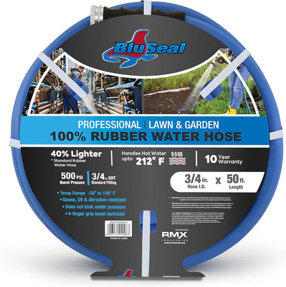 BluSeal Hot/Cold Water Rubber Garden Hose, 100% Rubber, Ultra-Light, Super Strong, 500 PSI, 50F to